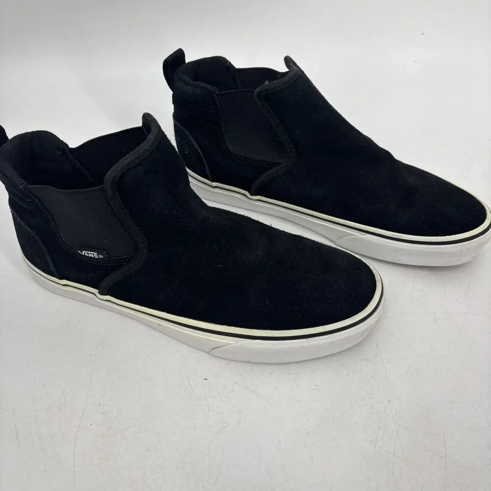 Vans Asher Mid Slip On Black Suede Sneakers Women's US 8.5 Mid Top Skate Shoes